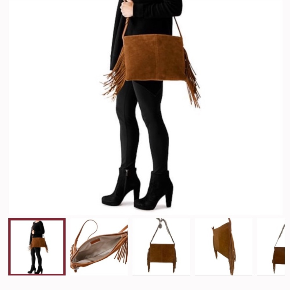 MARK & GRAHAM Fringed Cross Body Bag Purse Tan Leather and Suede NWOT - Picture 2 of 10